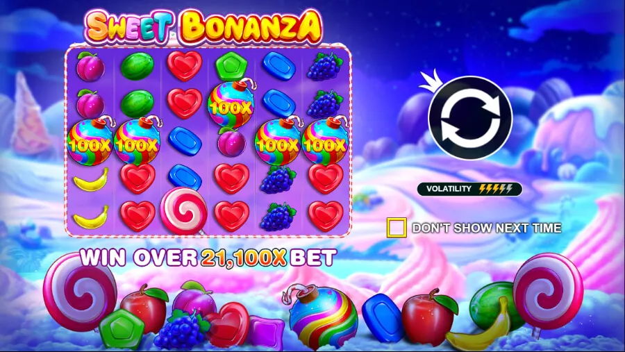 Sweet Bonanza vermenigvuldiger bommen functie met regenboog snoep bommen met verschillende vermenigvuldiger waarden